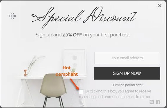 An example of a popup showing how a checkbox is not GDPR compliant for getting consent