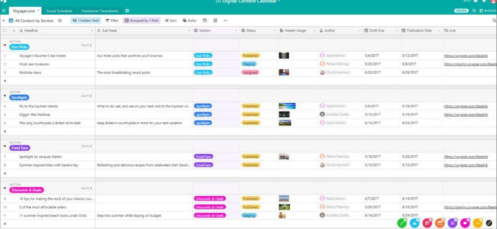 A screenshot of a content calendar template made in Airtable system
