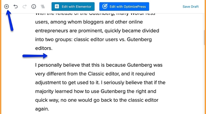 A screenshot of wordpress gutenberg showing how to add more blocks by showing pointing blue arrows at the proper sections.
